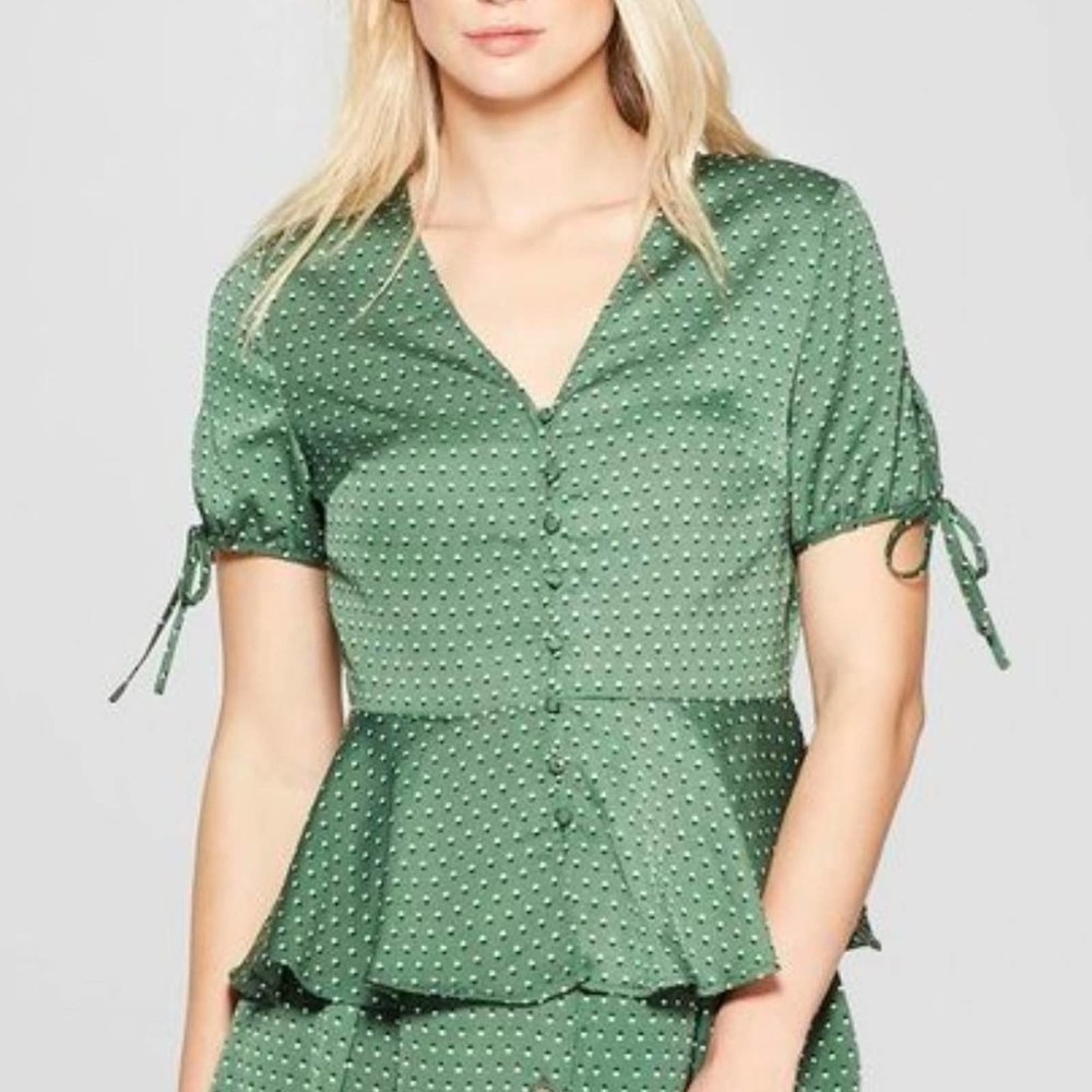 Who What Wear Sz S Shadow Polka Dot Tie Sleeve Button Peplum Blouse